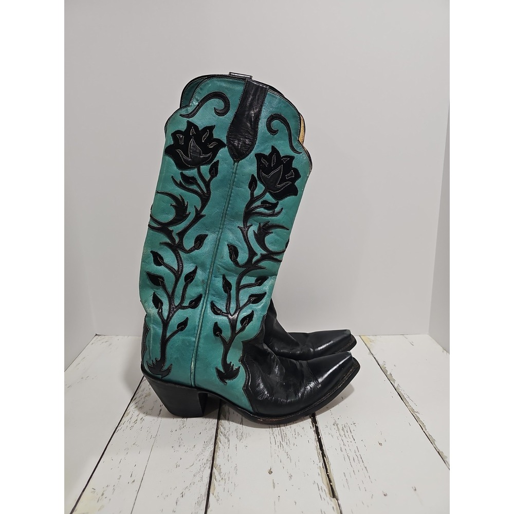 Caboots cowboy boots Teal With Black Rose Outline